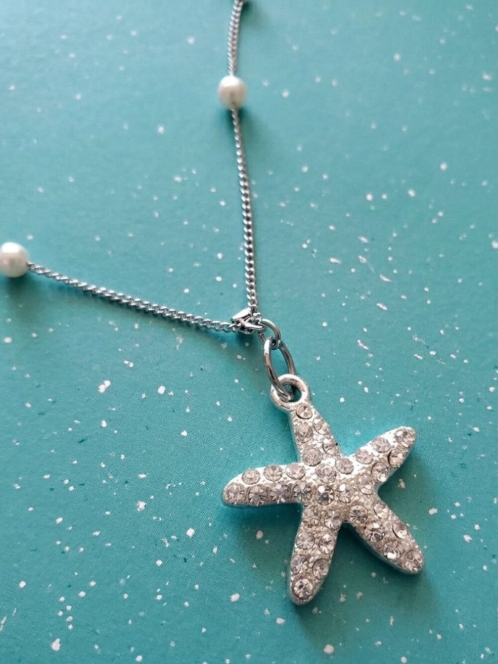 Silver Rhinestone Starfish Necklace Faux Pearl Coastal Jewelry